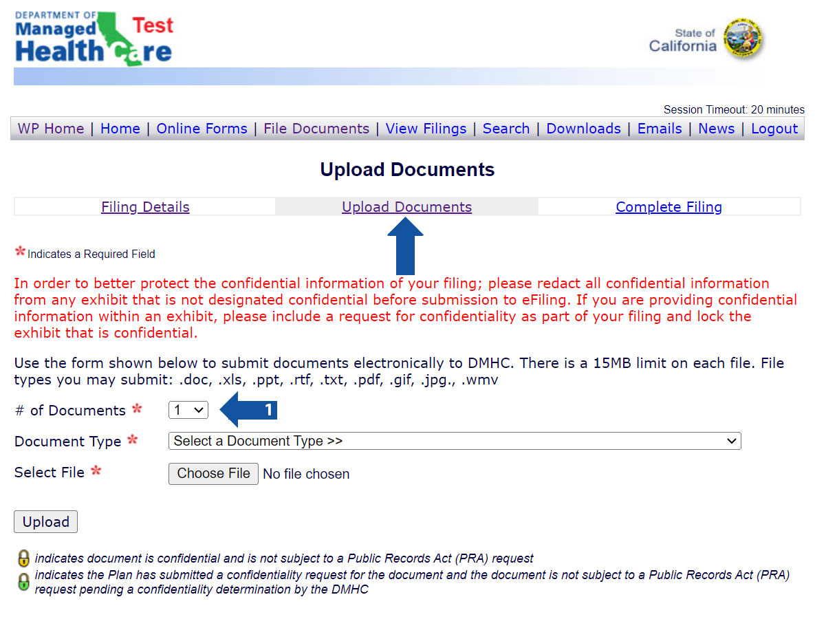 Upload Documents window with # of Documents dropdown highlighted