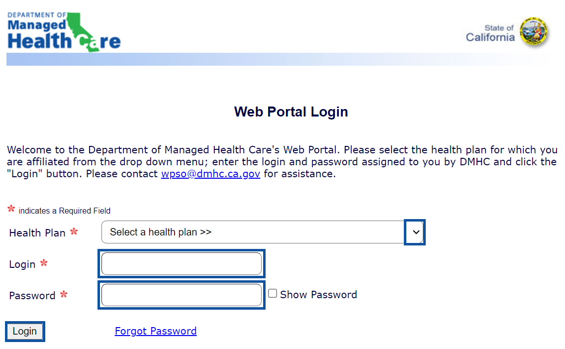 Web Portal Login Screen with mandatory fields highlighted