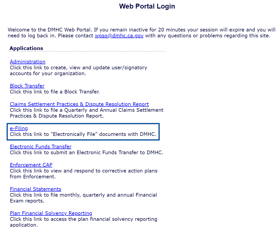 Web Portal window with the list of links. e-Filing link is highlighted