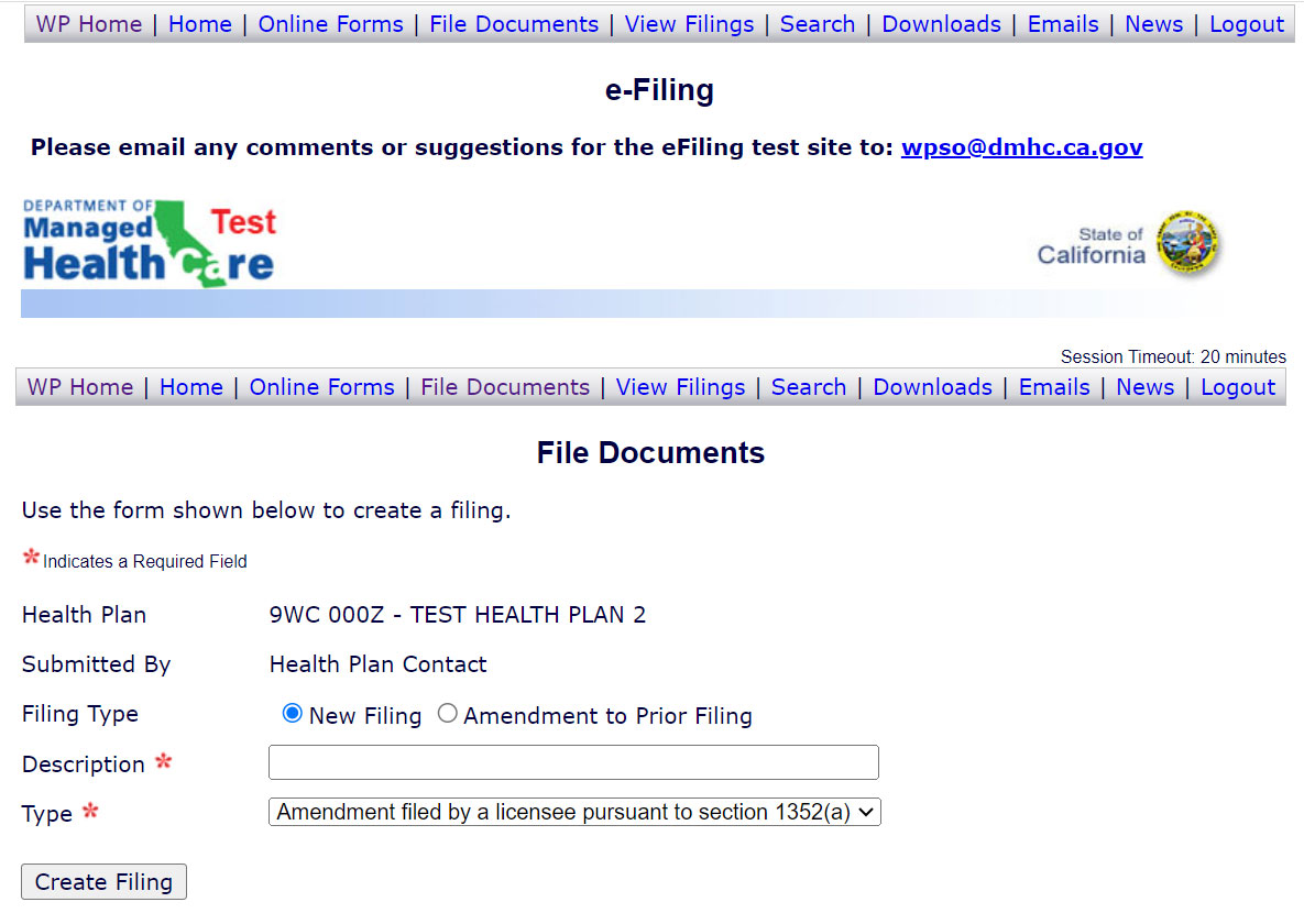 File Documents window with selected 'New Filing'