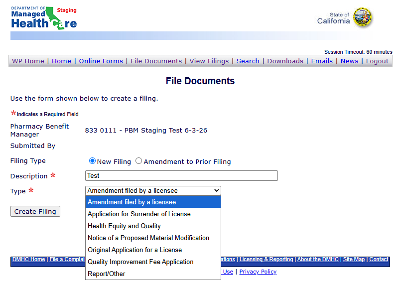 Filing Details window with added Description for the filing and Type