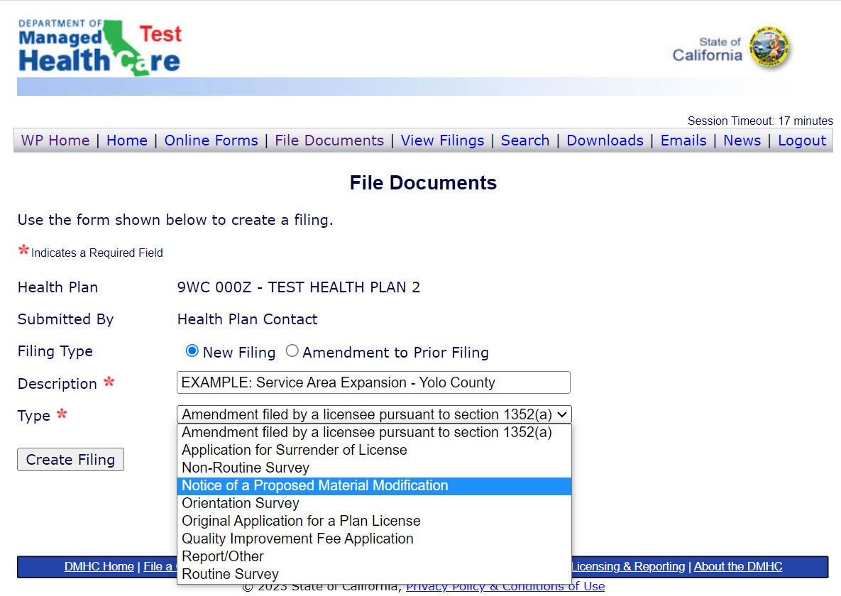 Filing Details window with added Description for the filing and Type