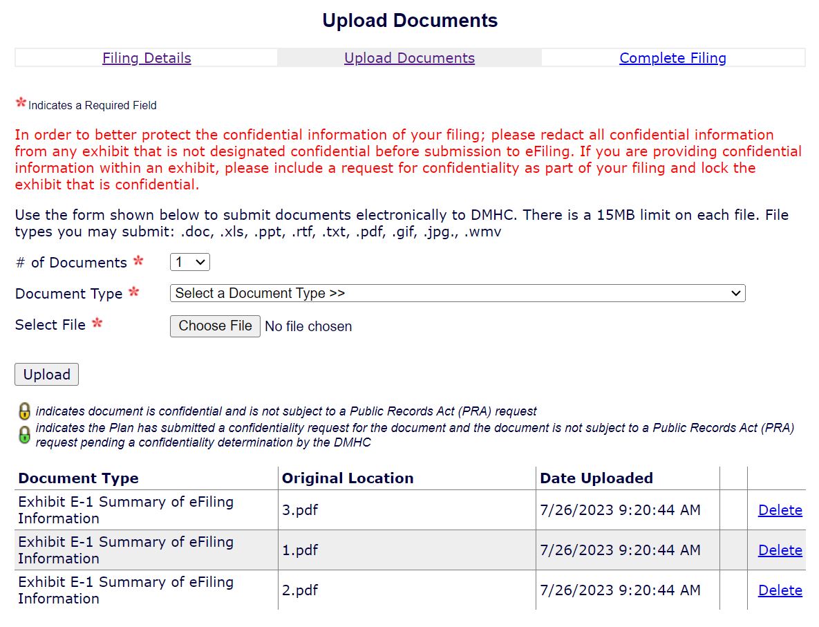 Upload Documents Window that shows three uploaded documents