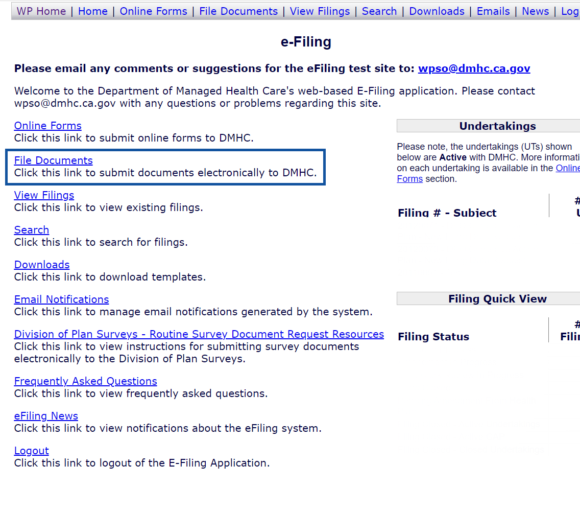 e-Filing window with File Documents link highlighted