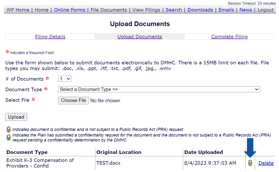 Upload Documents window with a lock that indicates that the document is confidential