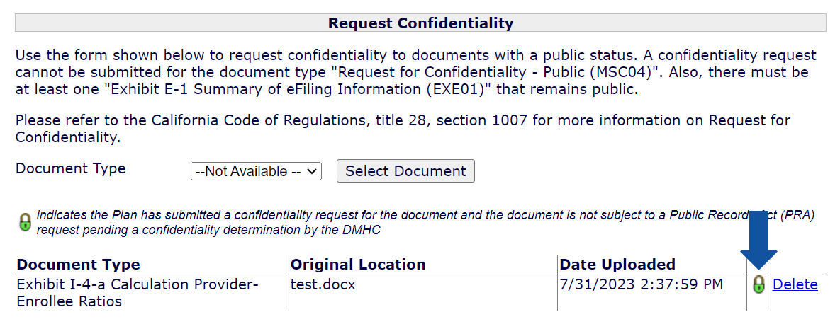 Upload Documents window with a lock that indicates that a request for confidentiality was submitted