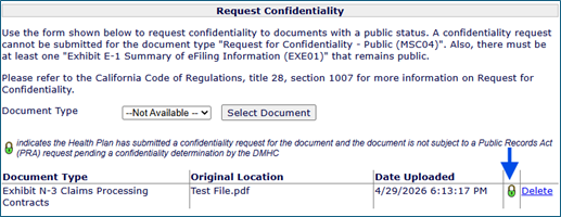 Upload Documents window with a lock that indicates that a request for confidentiality was submitted Upload Documents window with a lock that indicates that a request for confidentiality was submitted