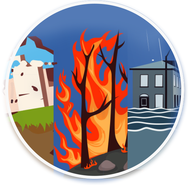 Graphic of a wildfire, earthquake and flooding
