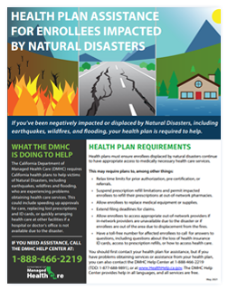 Natural Disaster Fact Sheet cover showing a wildfire, a flooded house and a road cracked by an earthquake